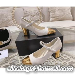 Best Product Chanel Velvet Mary Janes Pumps 6.5cm White/Gold 201042