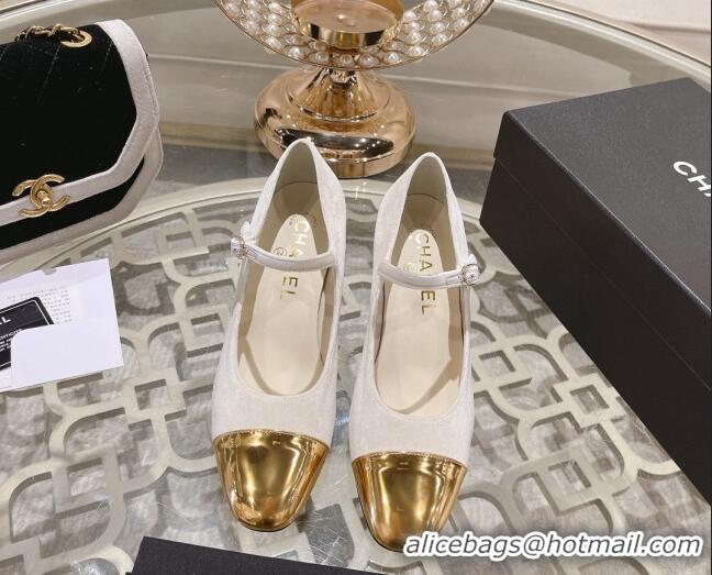 Best Product Chanel Velvet Mary Janes Pumps 6.5cm White/Gold 201042