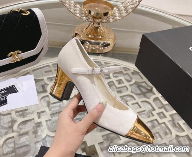 Best Product Chanel Velvet Mary Janes Pumps 6.5cm White/Gold 201042