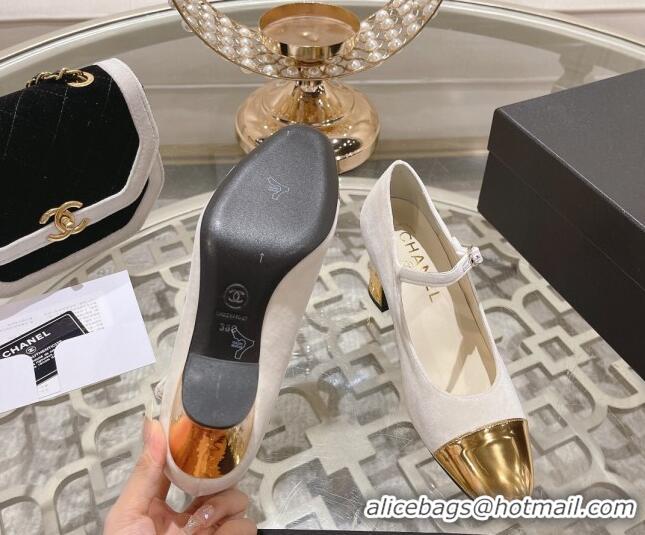 Best Product Chanel Velvet Mary Janes Pumps 6.5cm White/Gold 201042