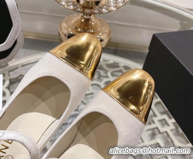 Best Product Chanel Velvet Mary Janes Pumps 6.5cm White/Gold 201042