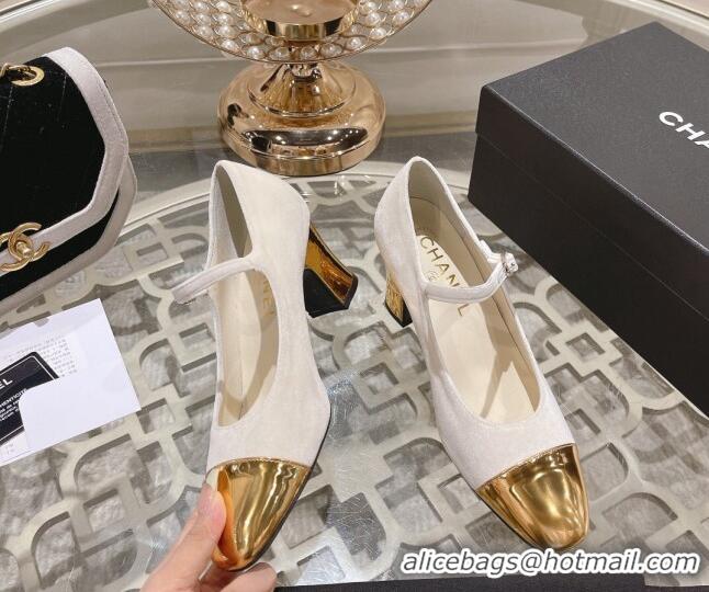 Best Product Chanel Velvet Mary Janes Pumps 6.5cm White/Gold 201042