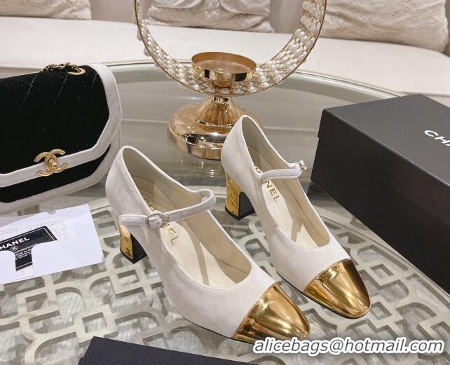 Best Product Chanel Velvet Mary Janes Pumps 6.5cm White/Gold 201042