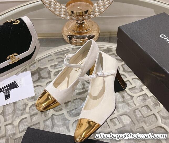 Best Product Chanel Velvet Mary Janes Pumps 6.5cm White/Gold 201042