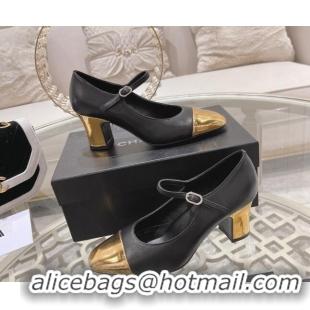 Purchase Chanel Lambskin Mary Janes Pumps 6.5cm Black/Gold 201043