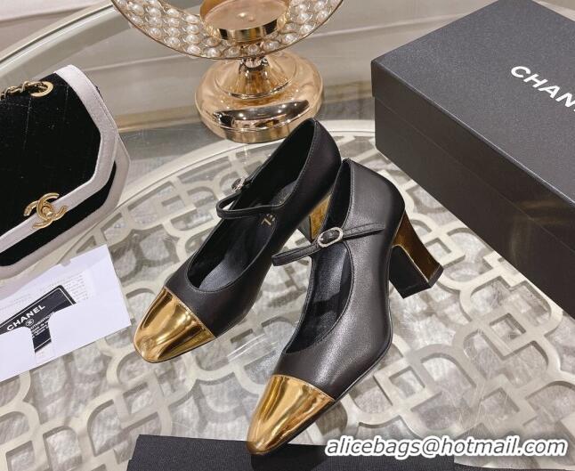 Purchase Chanel Lambskin Mary Janes Pumps 6.5cm Black/Gold 201043