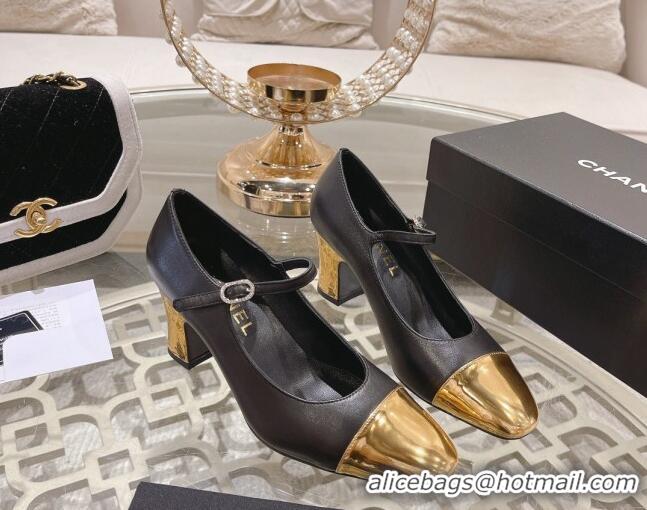 Purchase Chanel Lambskin Mary Janes Pumps 6.5cm Black/Gold 201043