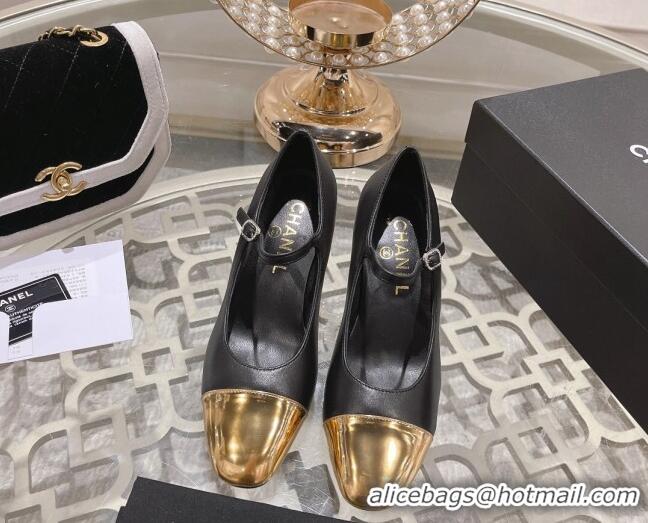 Purchase Chanel Lambskin Mary Janes Pumps 6.5cm Black/Gold 201043