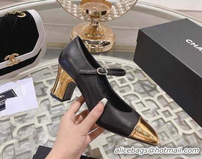 Purchase Chanel Lambskin Mary Janes Pumps 6.5cm Black/Gold 201043