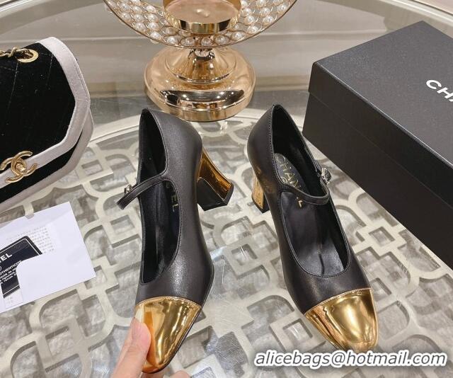 Purchase Chanel Lambskin Mary Janes Pumps 6.5cm Black/Gold 201043