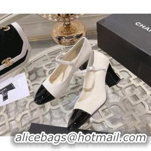 Top Grade Chanel Velvet Mary Janes Pumps 6.5cm White/Black 201044