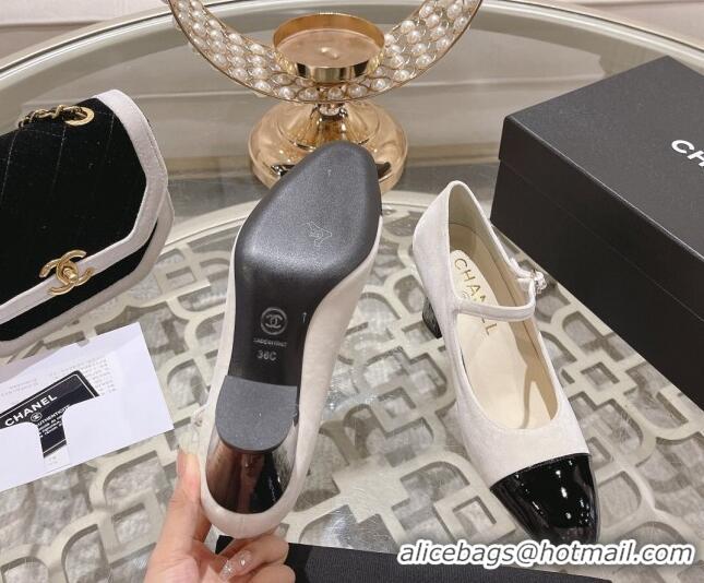 Top Grade Chanel Velvet Mary Janes Pumps 6.5cm White/Black 201044