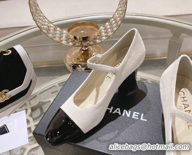 Top Grade Chanel Velvet Mary Janes Pumps 6.5cm White/Black 201044