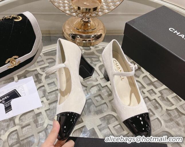 Top Grade Chanel Velvet Mary Janes Pumps 6.5cm White/Black 201044