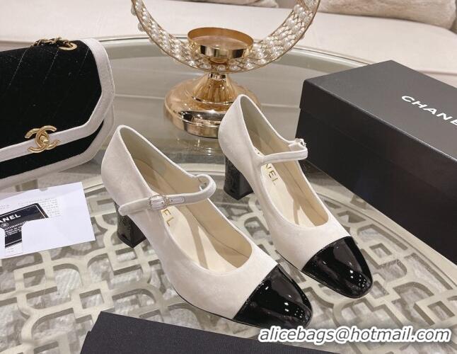 Top Grade Chanel Velvet Mary Janes Pumps 6.5cm White/Black 201044