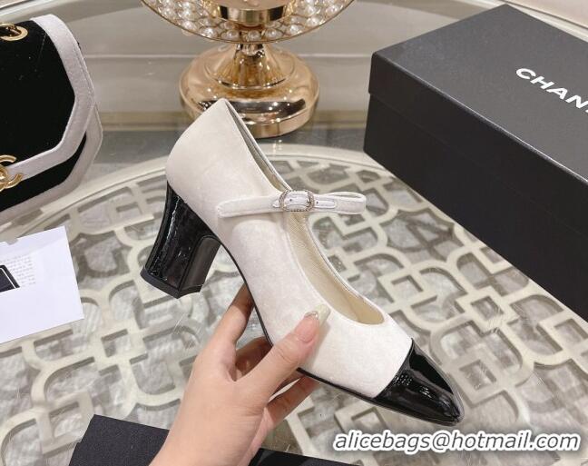 Top Grade Chanel Velvet Mary Janes Pumps 6.5cm White/Black 201044