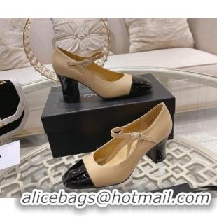 Good Looking Chanel Lambskin and Patent Leather Mary Janes Pumps 6.5cm Beige/Black 201045