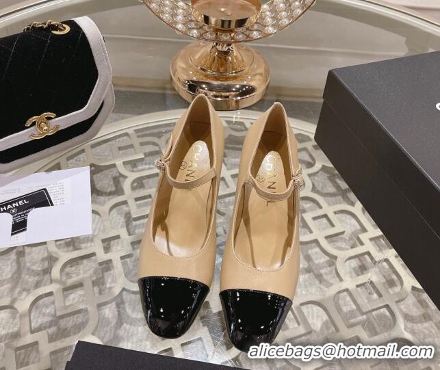 Good Looking Chanel Lambskin and Patent Leather Mary Janes Pumps 6.5cm Beige/Black 201045