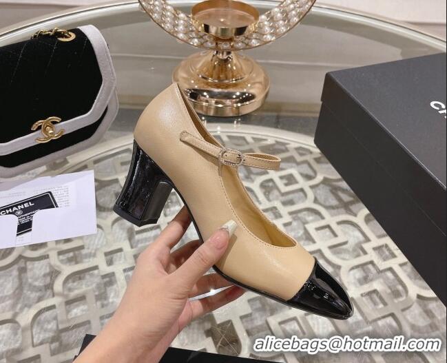 Good Looking Chanel Lambskin and Patent Leather Mary Janes Pumps 6.5cm Beige/Black 201045