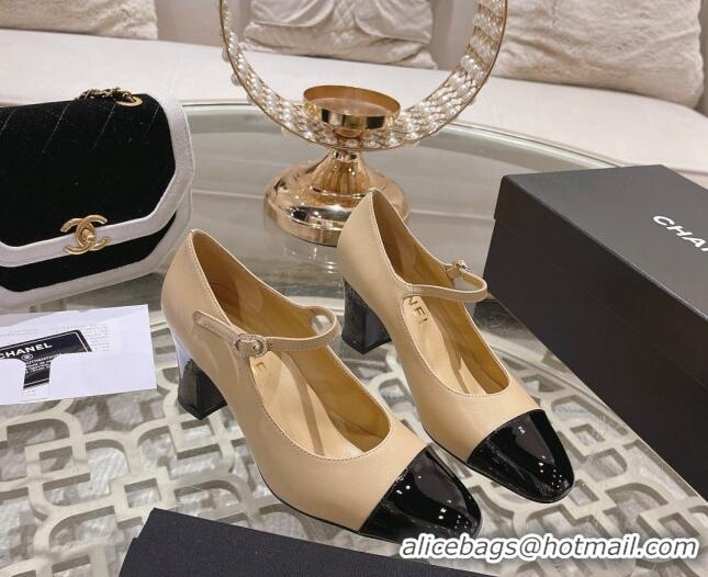 Good Looking Chanel Lambskin and Patent Leather Mary Janes Pumps 6.5cm Beige/Black 201045