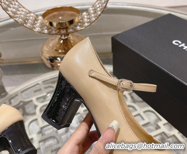 Good Looking Chanel Lambskin and Patent Leather Mary Janes Pumps 6.5cm Beige/Black 201045