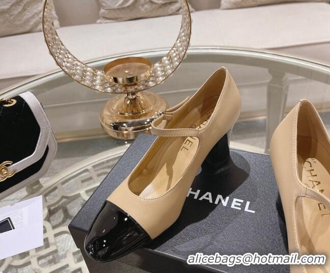 Good Looking Chanel Lambskin and Patent Leather Mary Janes Pumps 6.5cm Beige/Black 201045