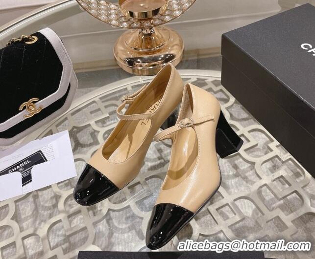 Good Looking Chanel Lambskin and Patent Leather Mary Janes Pumps 6.5cm Beige/Black 201045