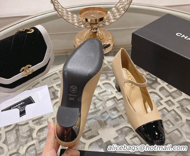 Good Looking Chanel Lambskin and Patent Leather Mary Janes Pumps 6.5cm Beige/Black 201045