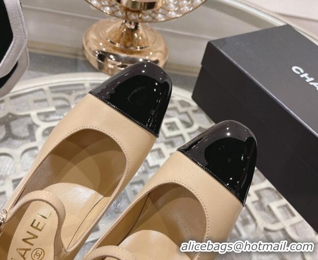 Good Looking Chanel Lambskin and Patent Leather Mary Janes Pumps 6.5cm Beige/Black 201045