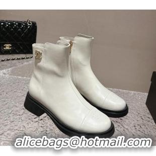 Unique Style Chanel Calfskin Ankle Boots with Crystals CC White 201047