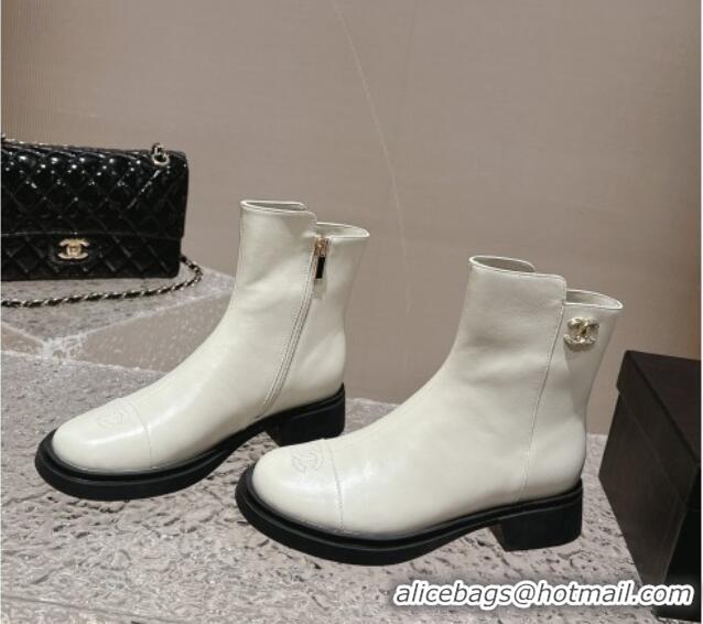 Unique Style Chanel Calfskin Ankle Boots with Crystals CC White 201047