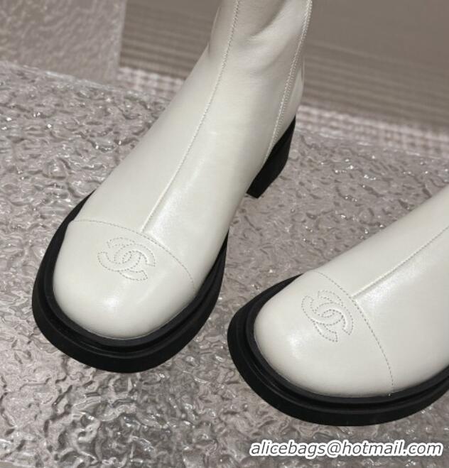 Unique Style Chanel Calfskin Ankle Boots with Crystals CC White 201047