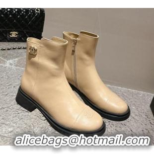 Most Popular Chanel Calfskin Ankle Boots with Crystals CC Beige 201048