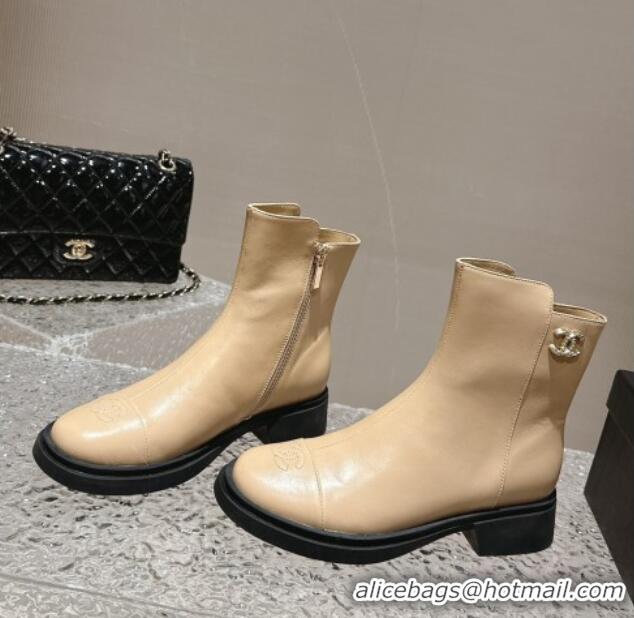 Most Popular Chanel Calfskin Ankle Boots with Crystals CC Beige 201048