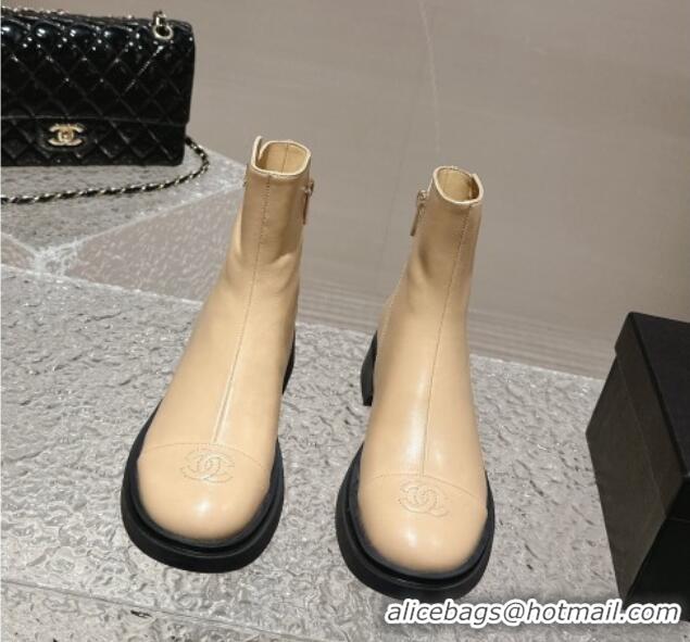 Most Popular Chanel Calfskin Ankle Boots with Crystals CC Beige 201048