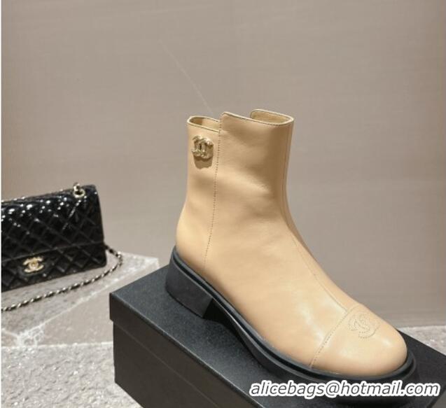 Most Popular Chanel Calfskin Ankle Boots with Crystals CC Beige 201048