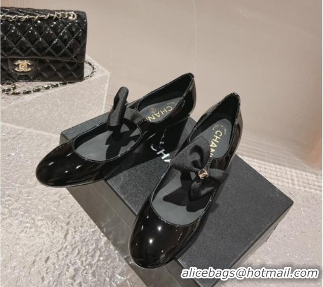 Best Grade Chanel Patent Leather Mary Janes Pumps 5cm with Bow Black 201049