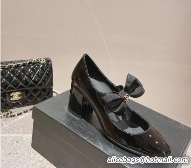 Best Grade Chanel Patent Leather Mary Janes Pumps 5cm with Bow Black 201049