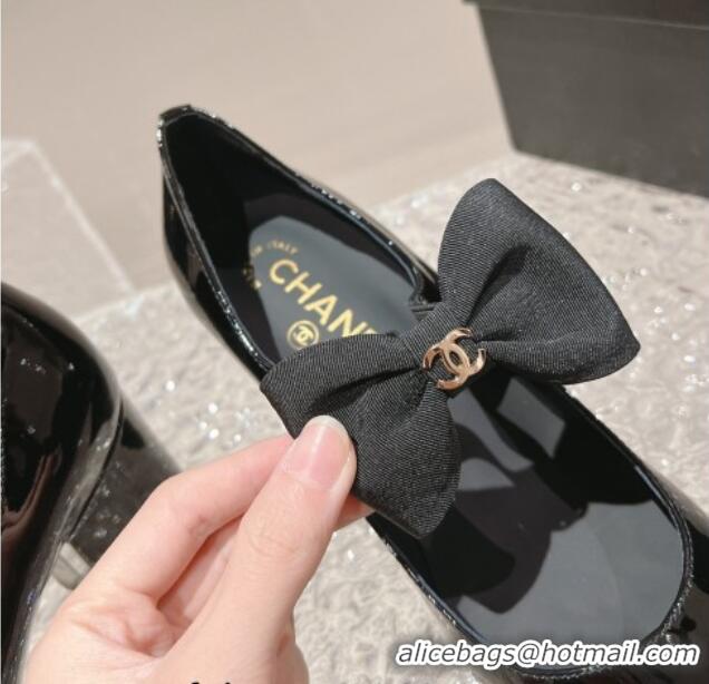 Best Grade Chanel Patent Leather Mary Janes Pumps 5cm with Bow Black 201049