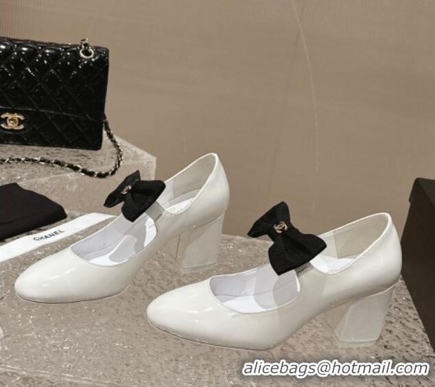 Big Discount Chanel Patent Leather Mary Janes Pumps 5cm with Bow White 201050