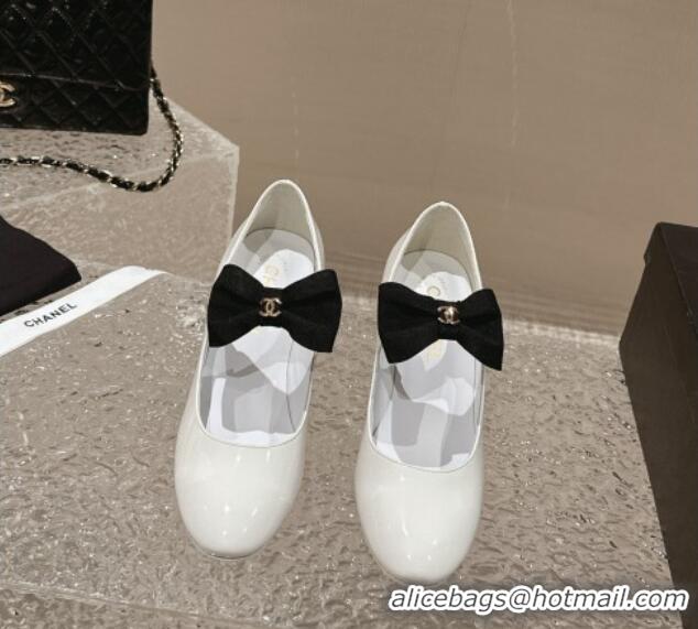 Big Discount Chanel Patent Leather Mary Janes Pumps 5cm with Bow White 201050