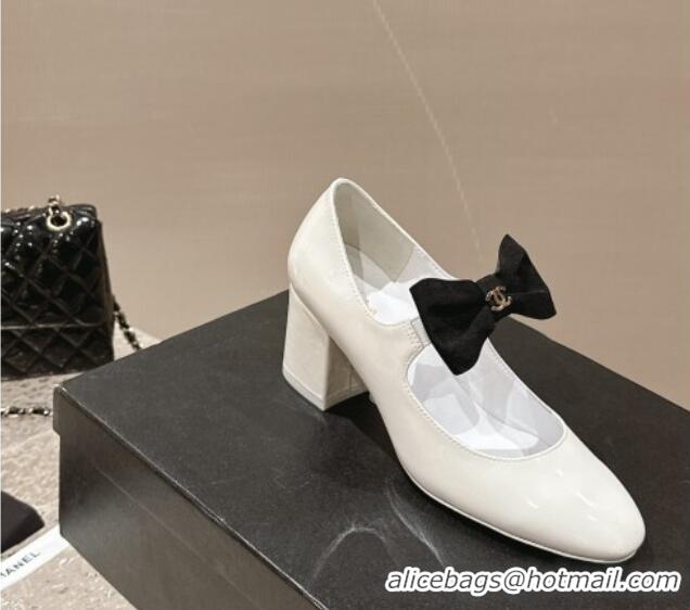 Big Discount Chanel Patent Leather Mary Janes Pumps 5cm with Bow White 201050