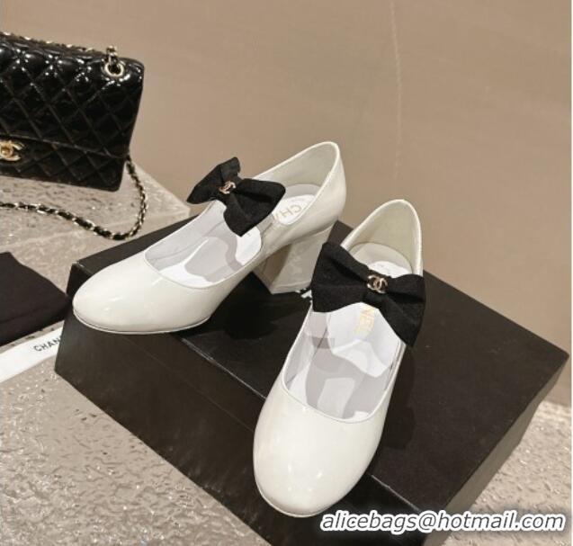 Big Discount Chanel Patent Leather Mary Janes Pumps 5cm with Bow White 201050