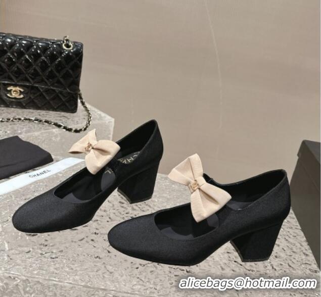 Luxurious Chanel Grosgrain Mary Janes Pumps 5cm with Bow Black 201051