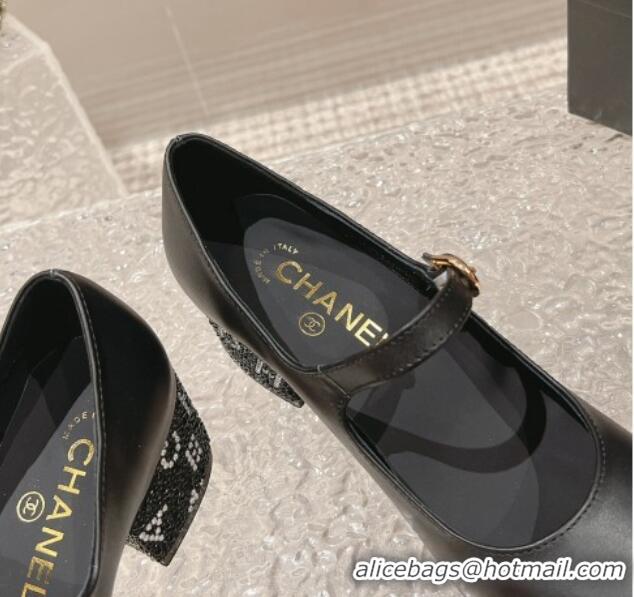 Sumptuous Chanel Calfskin Mary Janes Pumps 4.5cm with Crystals Heel Black 201052