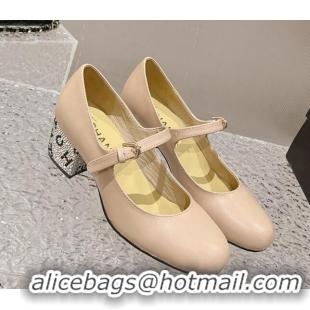 Top Grade Chanel Calfskin Mary Janes Pumps 4.5cm with Crystals Heel Beige 201053