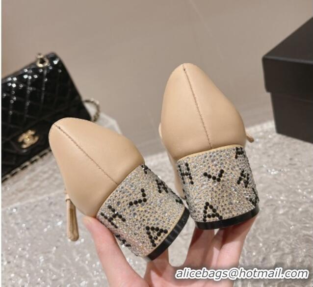 Top Grade Chanel Calfskin Mary Janes Pumps 4.5cm with Crystals Heel Beige 201053