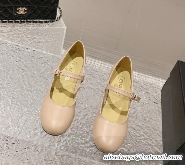 Top Grade Chanel Calfskin Mary Janes Pumps 4.5cm with Crystals Heel Beige 201053