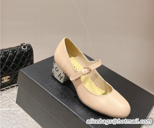 Top Grade Chanel Calfskin Mary Janes Pumps 4.5cm with Crystals Heel Beige 201053