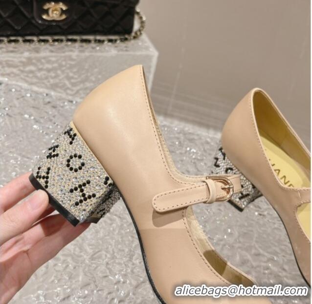 Top Grade Chanel Calfskin Mary Janes Pumps 4.5cm with Crystals Heel Beige 201053